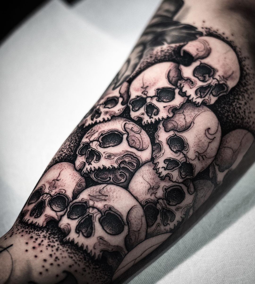 Stack of skulls by @arang_eleven at @seoulinktattoo in Seoul, Korea